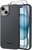 NEKIT Fiber Hoesje met 2-Pack Screenprotector Geschikt voor Apple iPhone 15 | Compatibel met MagSafe & Qi2 | Kevlar Back Cover | GRS Gerecycled Glas | 9H+ Gehard | met Installatiebox | Zwart