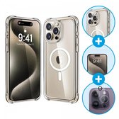 Étui transparent antichoc | Convient pour iPhone 15 Pro Max + Protecteur d'écran en Tempered Glass 9H + Protecteur d'appareil photo Transparent | Compatible avec MagSafe | Kit de Protection 360°