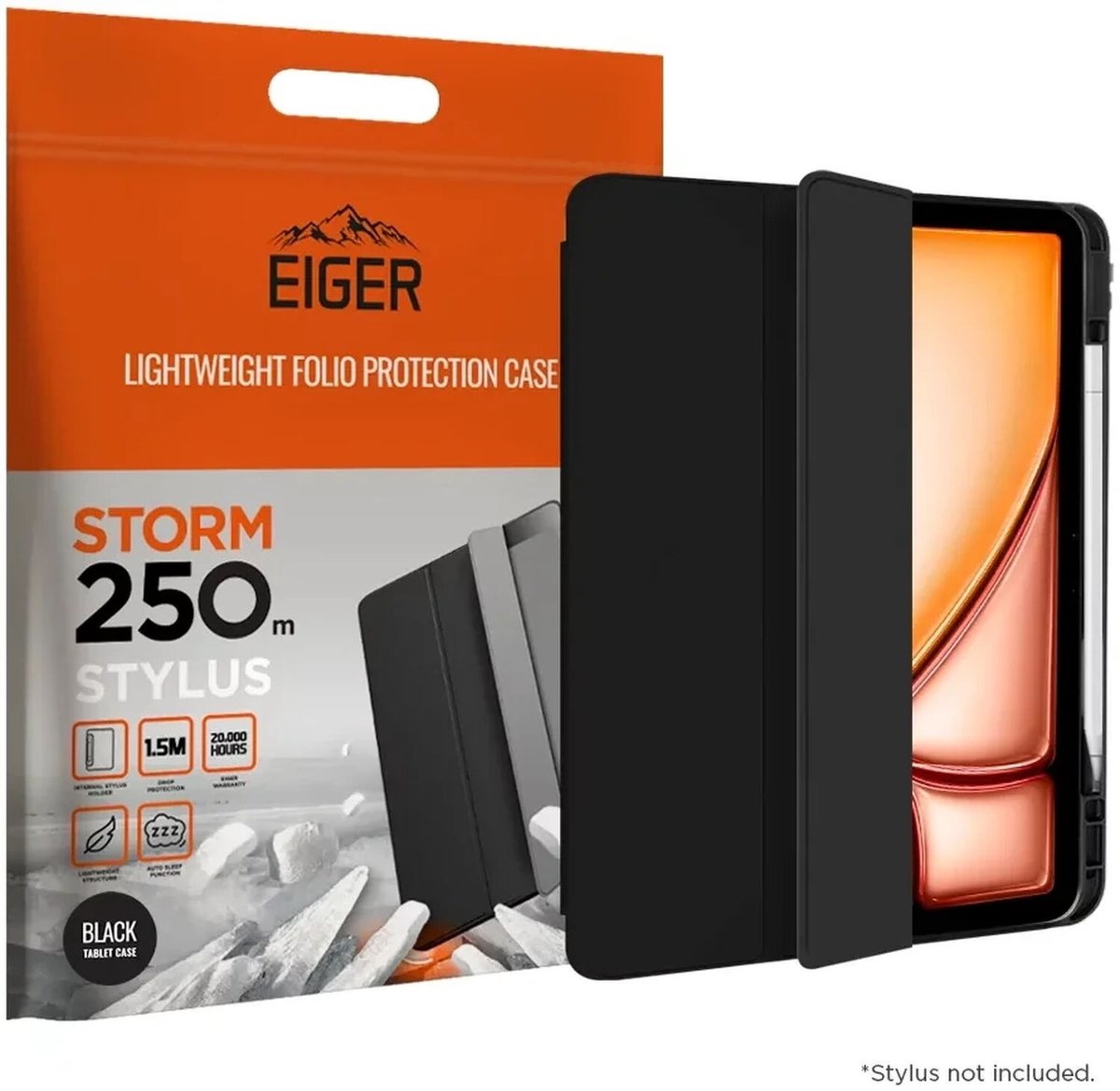 Eiger Storm 250m Stylus Hoes Geschikt voor iPad Air 13 (2024/2025/2026) - Hoes met Penhouder - Met Slimme Sleep / Wake Functie - Zwart