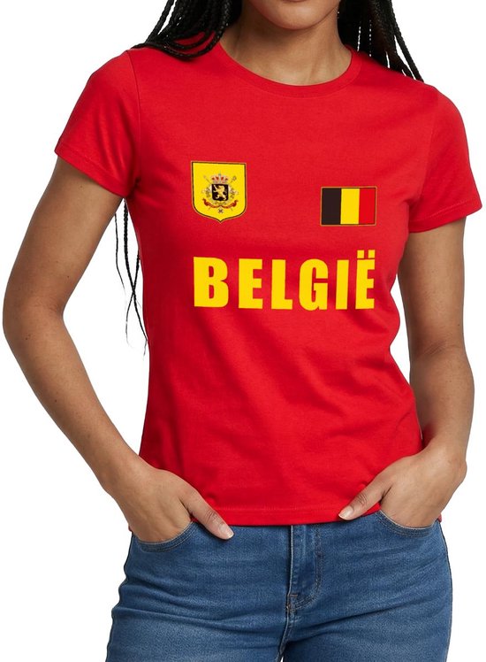 Dames t-shirt met belgische vlag en 'BELGIË' in geel.