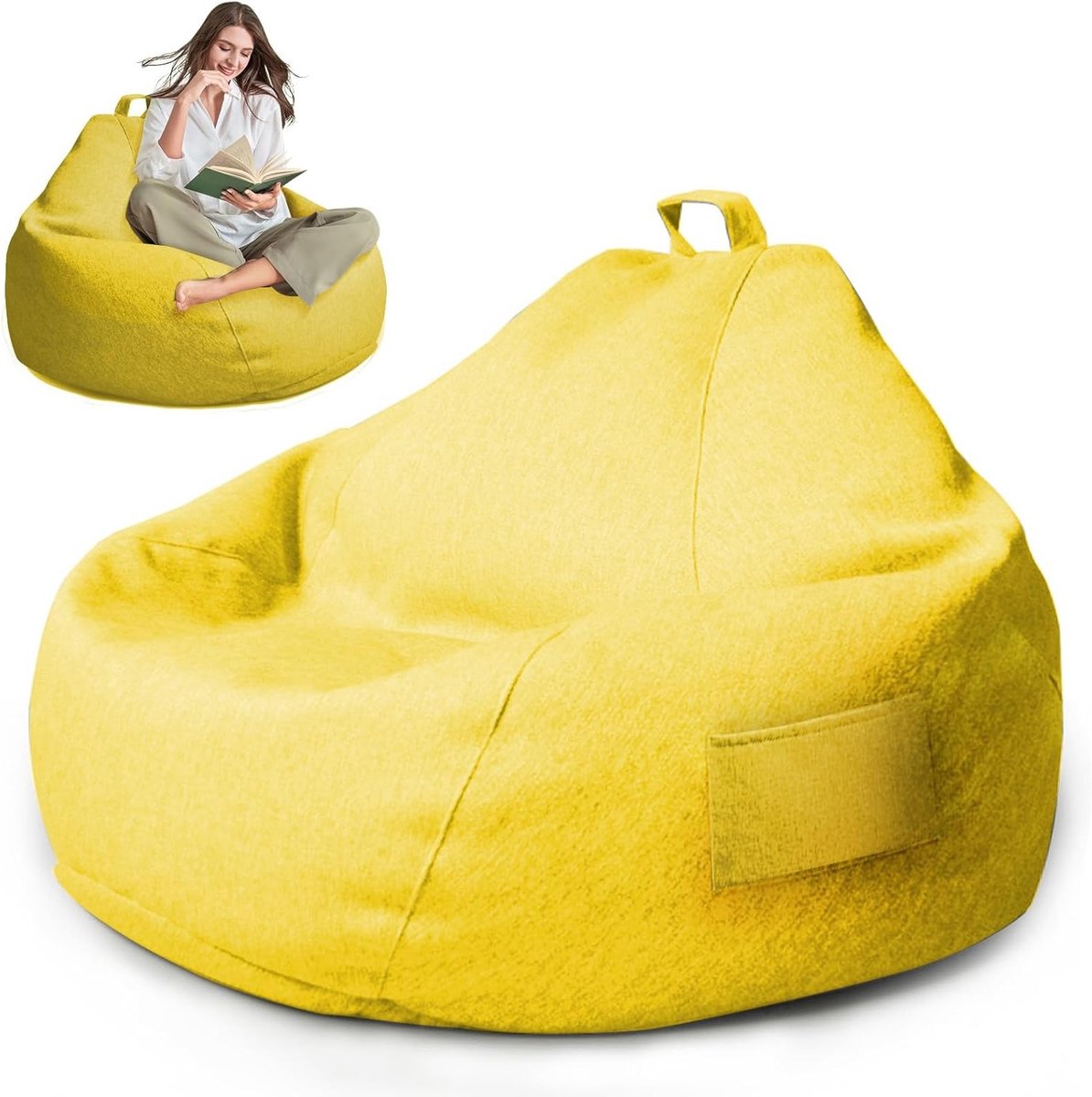 XL Zitzak voor Volwassenen, Bean Bag Hoes zonder Vulling, 100 x 120 cm, Ideaal voor Buiten en Binnen, Comfortabele Zitzak met Rits, Geel