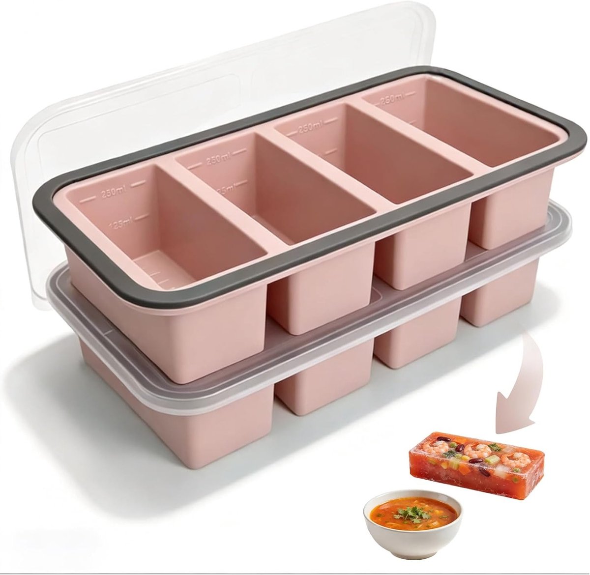 Set van 2 grote BPA-vrije siliconen vriesdozen met deksel, perfect voor soep, bouillon en sauzen, stapelbaar en ideaal voor het invriezen van voedsel