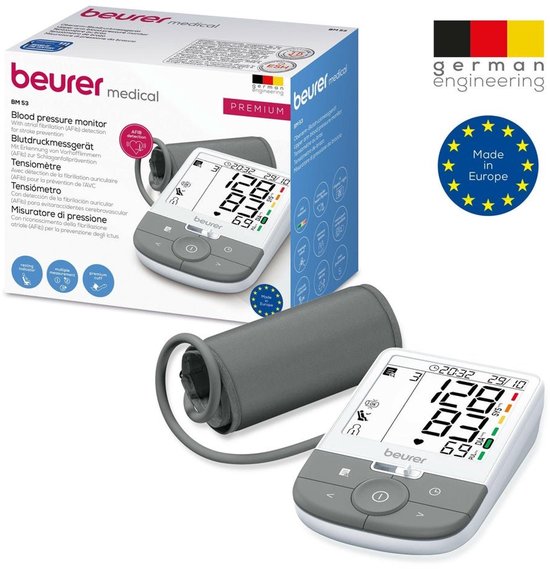 Verpakking en bloeddrukmeter met XL display. Toont '128 / 83 / 69'. "German Engineering". "Made in Europe". "AFib detection".