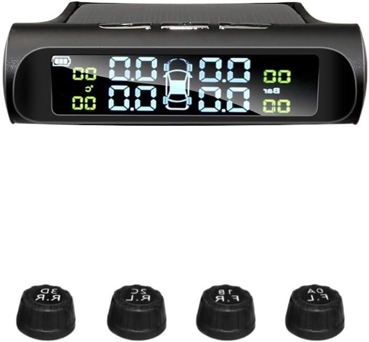 Bandenspanningsmeter Systeem - Banden Monitor - Veilig Rijden - 4 Externe Sensoren - Solar Display - Zwart
