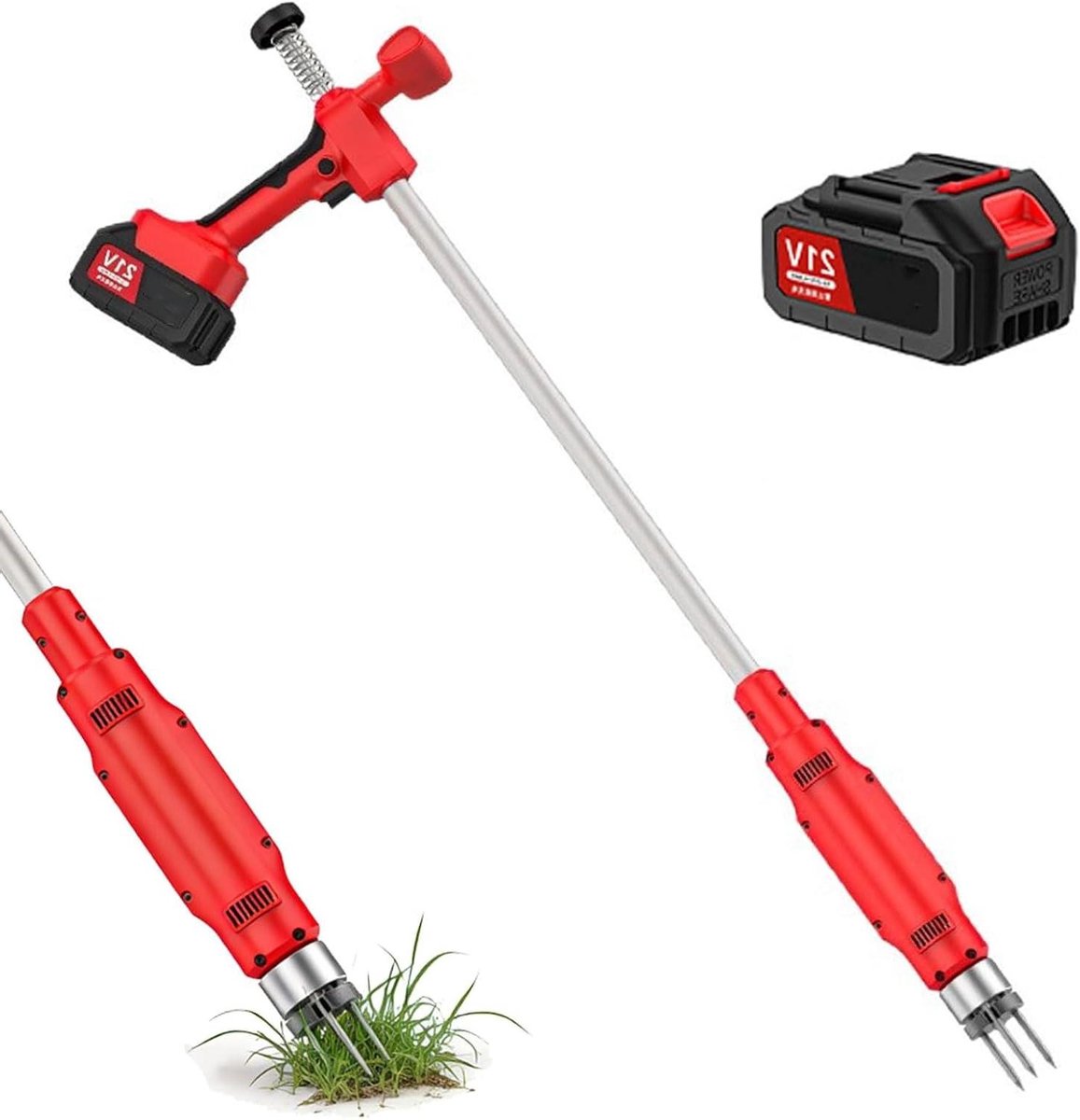 Elektrische onkruidtrekker - Tuingereedschap op batterijen - Gazon onderhoud - Staand ontwerp - 98 cm lang - Rood