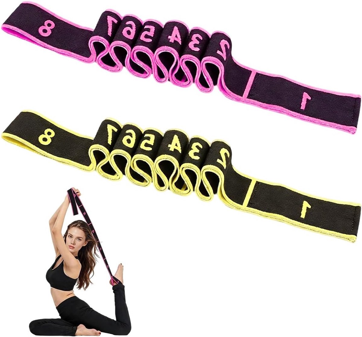Set van 2 Elastische Yoga Stretch Bands voor Krachttraining, Pilates en Gymnastiek met 8 Ringen