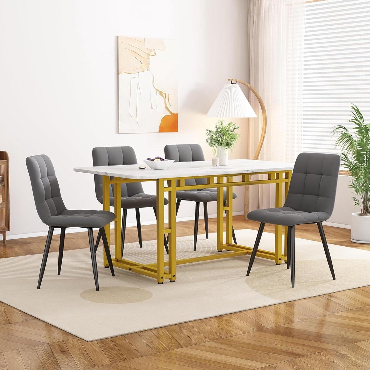 Eettafel met stoelen - Keukenmeubel set - Gezellig dineren - Gouden metalen poten - 120x70 cm - Donkergrijs