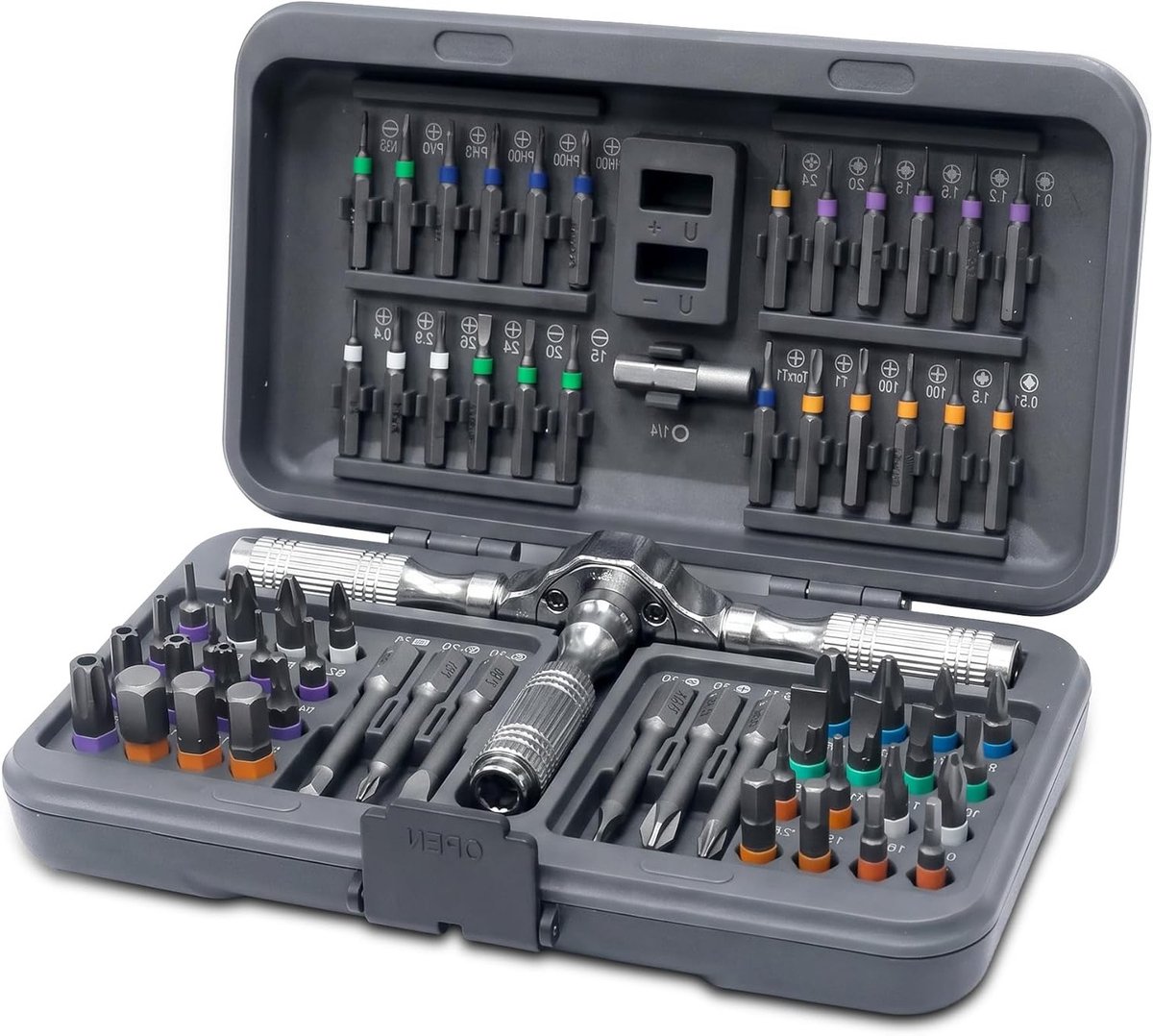 Multifunctionele 66-in-1 ratelschroevendraaierset met S2 stalen bits en flexibele as voor elektronica, meubels en fietsen