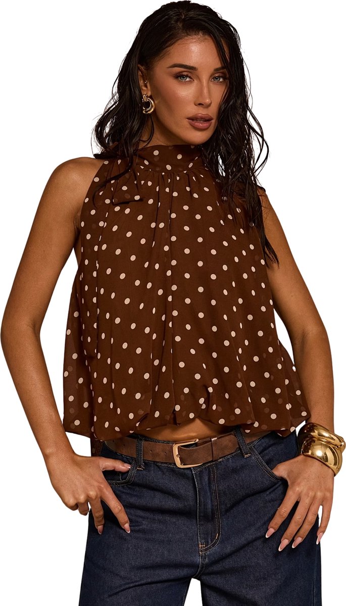 Currero Topje Dames Polkadots - Mouwloze Top - Singlet - Kleding - Shirt - Blouse - Kort - Volwassen - Bonenkleur Bonen kleur