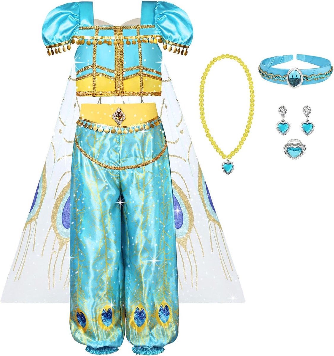 Jasmine Prinsessen Kostuum voor Meisjes, 6-delig met Haarbanden en Kettingen, Perfect voor Halloween, Verjaardagen en Carnaval