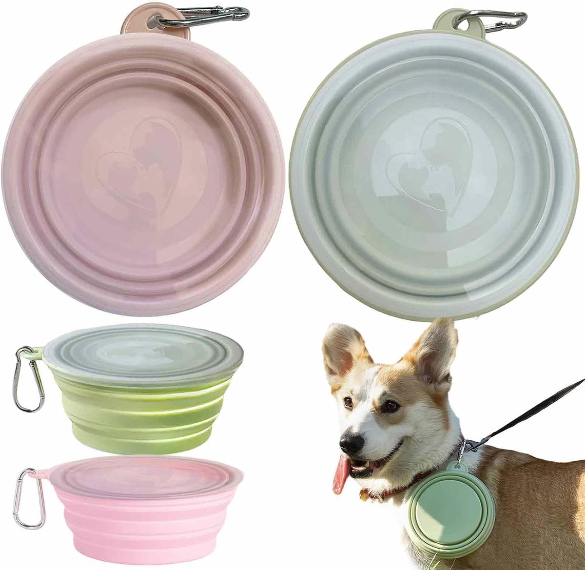 Thijox - 2 stuks opvouwbare siliconen waterbak voor katten en honden - reisvriendelijke voer- en drinkbak met deksel - draagbare huisdierkom (roze & c