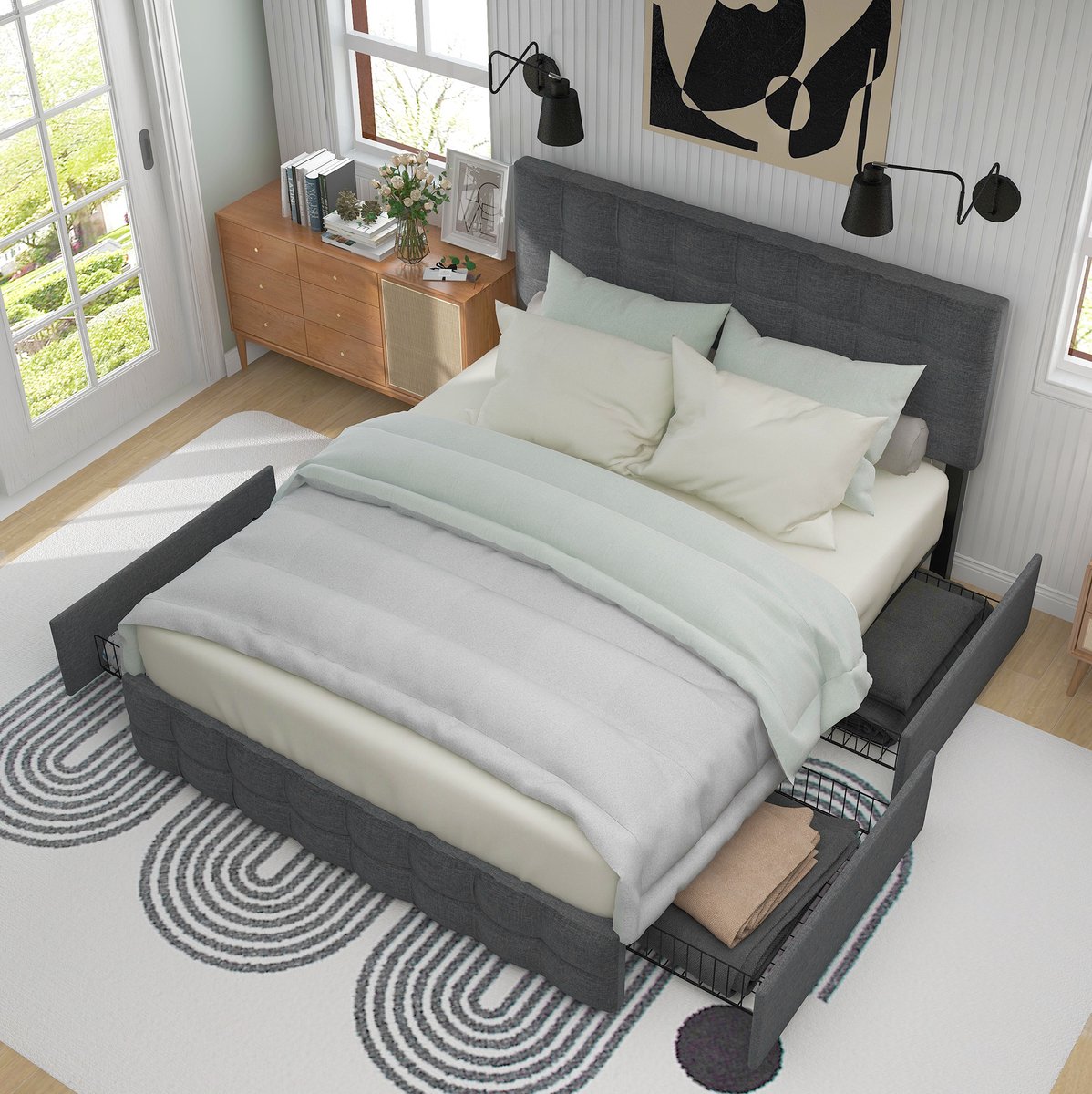 STILVORA Gestoffeerd Bed 140x200 cm – Tweepersoonsbed Met Verstelbaar Hoofdbord – 4 Laden Voor Opbergruimte – Voor Volwassenen – Linnenlook Stof – Grijs – Met Matras