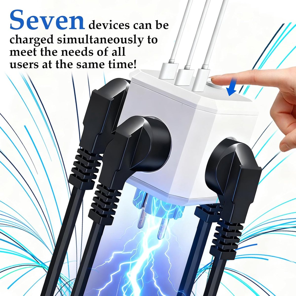 SnelShoppen - 7 in 1 Power Strip Cube met Overspanningsbeveiliging, 4 AC Stopcontacten, 1 USB-C, 2 USB-A, Wandmontage, Compact voor Thuis, Kantoor en
