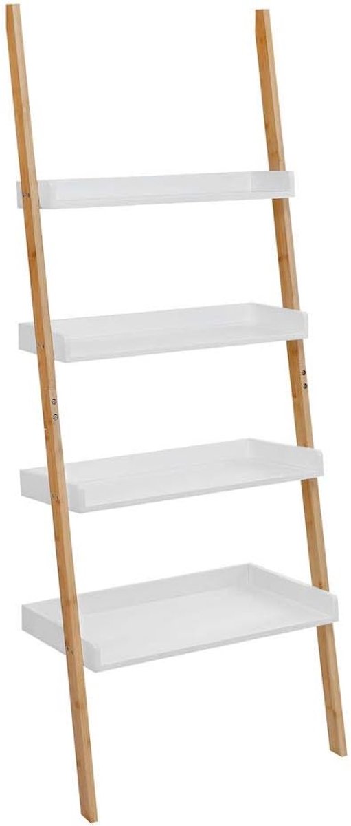 Thijox - Ladderrek van bamboe hout - Decoratieve houten ladder met 4 planken - Wit opbergrek voor planten, boeken, en decoratie - Luxe bamboe ladderka