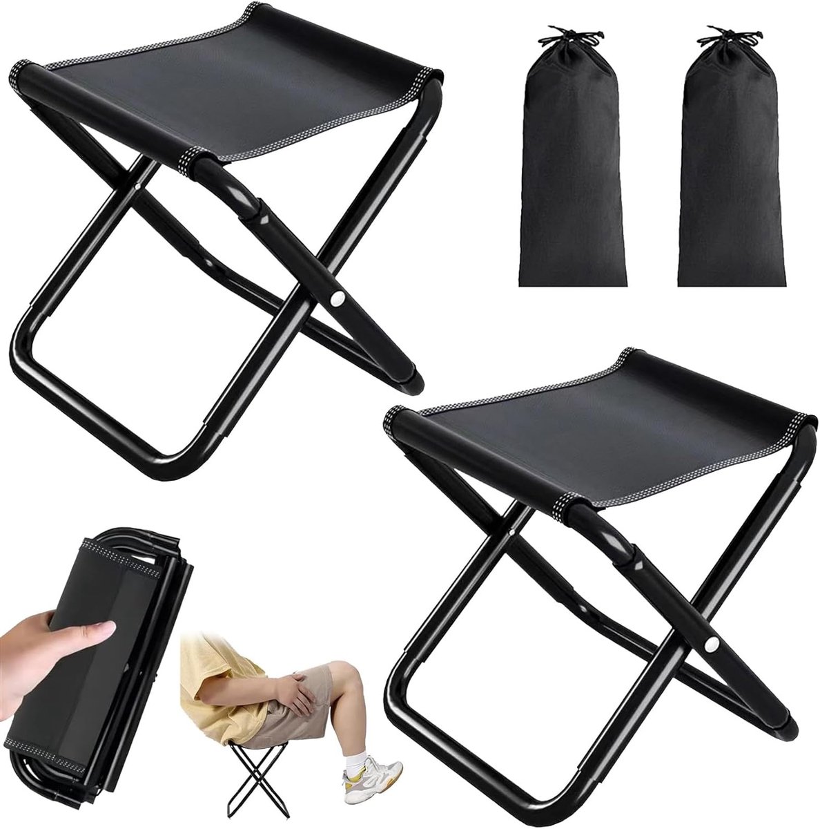 SnelShoppen - Campingkruk 2 stuks, Klapkruk voor Buiten, Opvouwbaar en Draagbaar, 30 cm, Compacte Klapkruk voor Kamperen, Vissen, Wandelen, Reizen