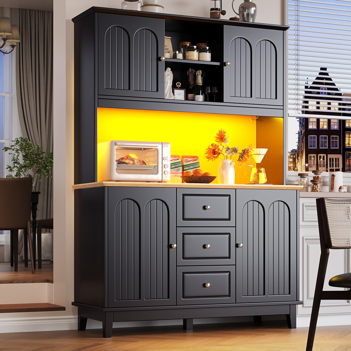 COVREO Buffetkast 120 x 40 x 180 cm - met LED-verlichting, 4 deuren, 3 lades, zwart/naturel