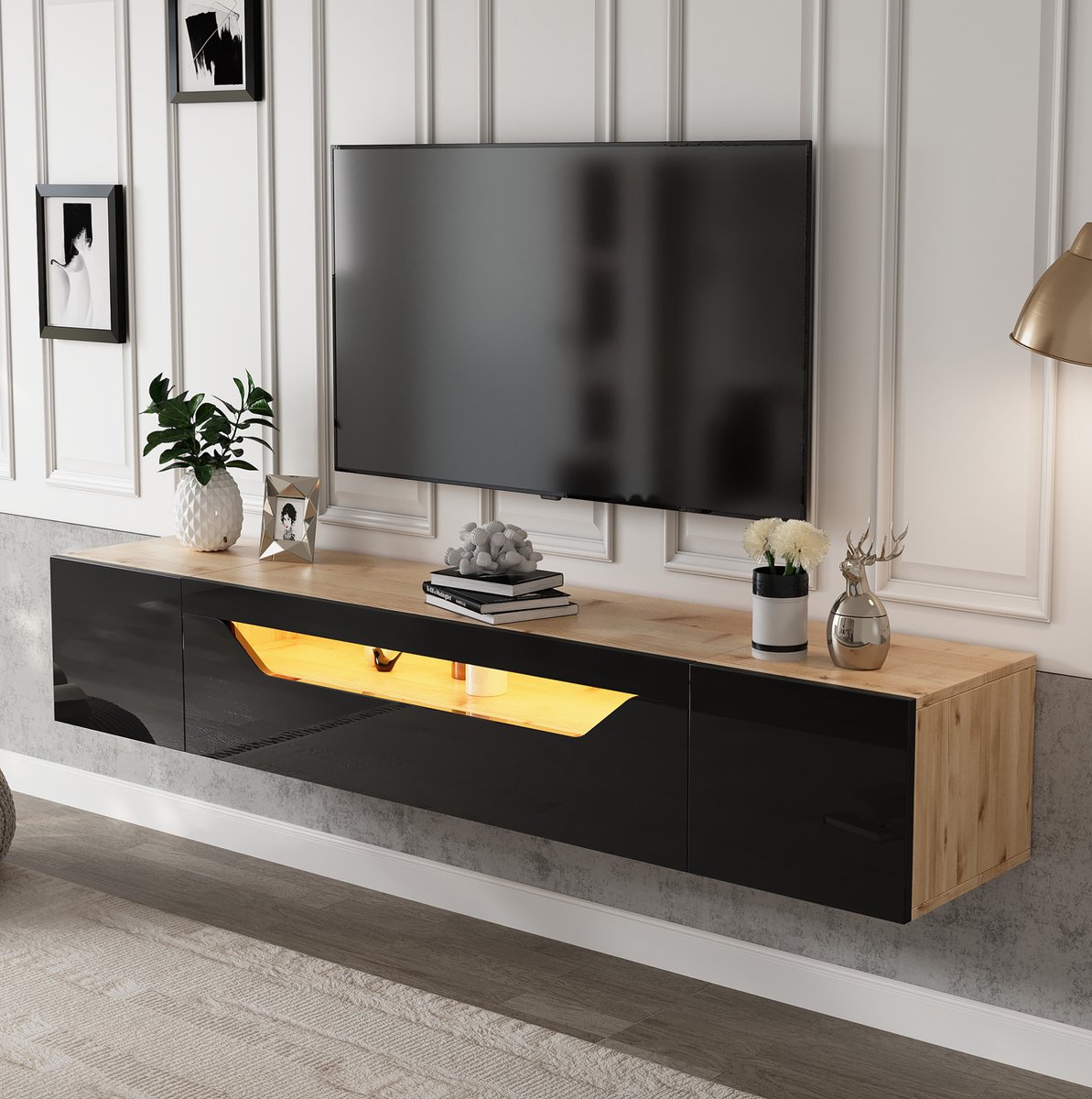 COVREO TV meubel 180 x 37 x 36 cm - wandmontage, LED-verlichting, hoogglans, zwart en houtkleur