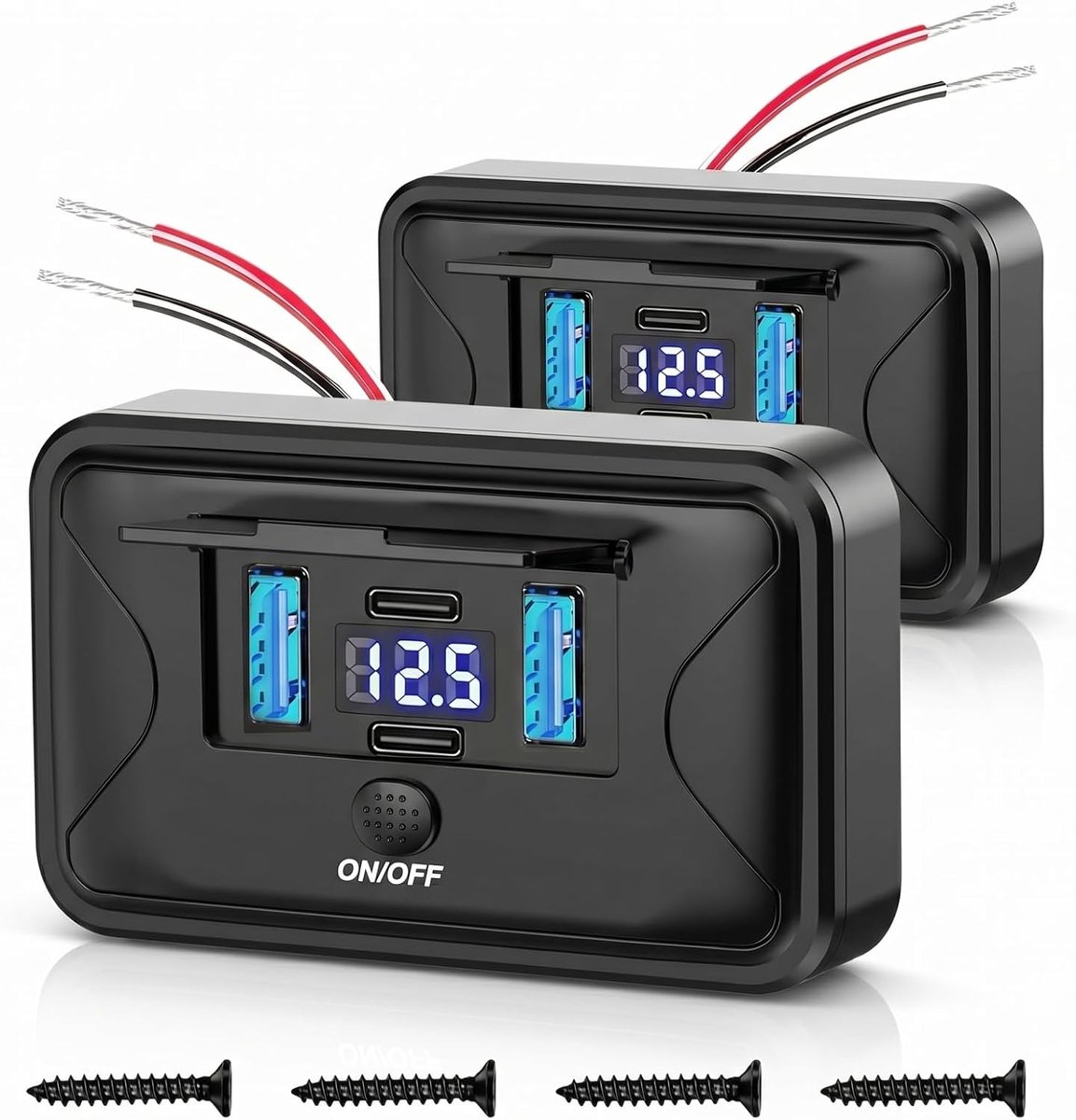 Thijox - 12V USB-stopcontact opbouw, 84W, 4 poorten, 2 x PD3.0 & 2 x QC3.0 snel opladen met schakelaar en blauwe led-voltmeter voor camper, bus, boot,