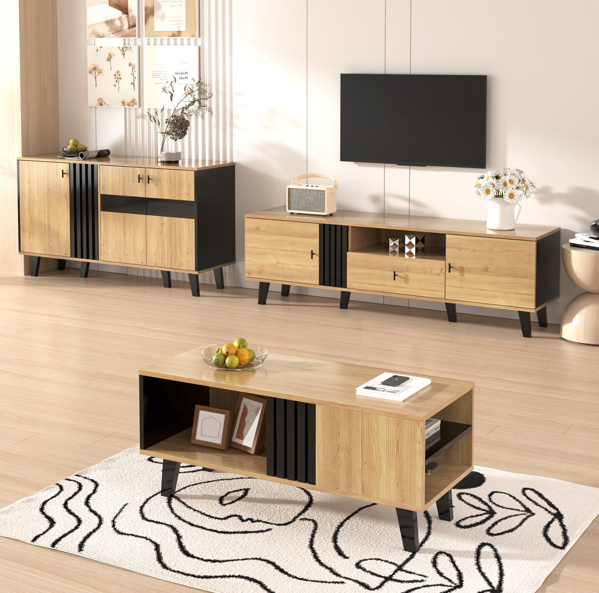 COVREO Vitrinekast 80 x 120 x 40 cm - met glasdeuren, LED-verlichting, houtlook en zwart