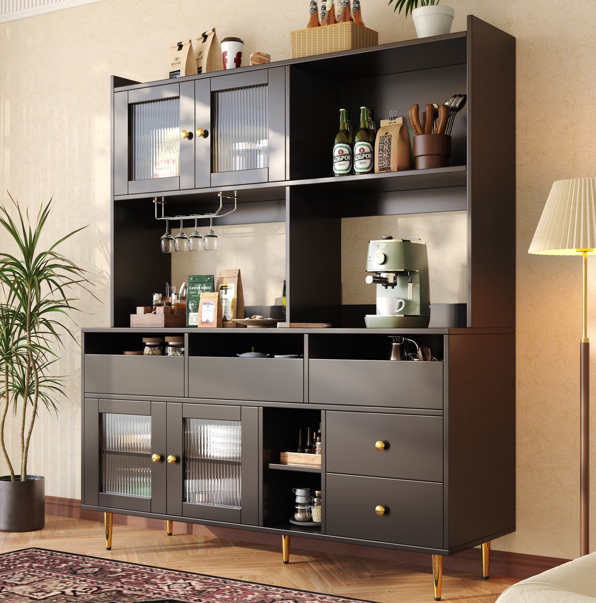 COVREO Buffetkast 145 x 39 x 171 cm - met Changhong-glas, wijnrek, lades en open vakken, zwart