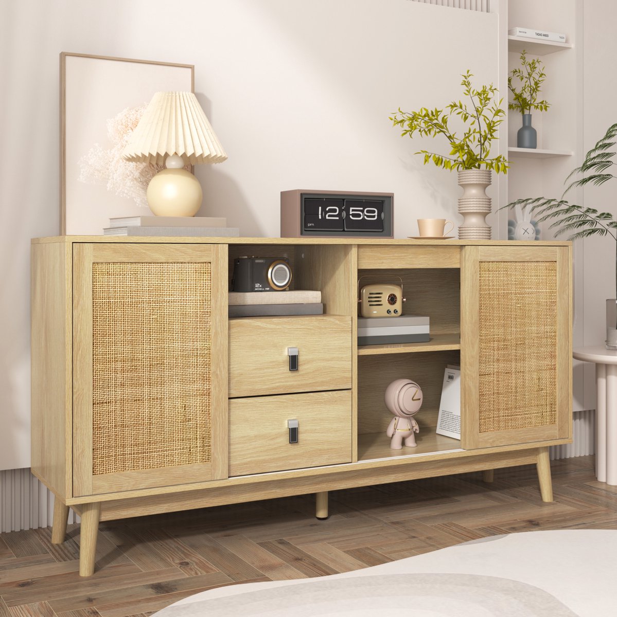 COVREO Dressoir 155 x 38 x 80 cm - 3 schuifdeuren, 2 lades, rotan en houtkleur