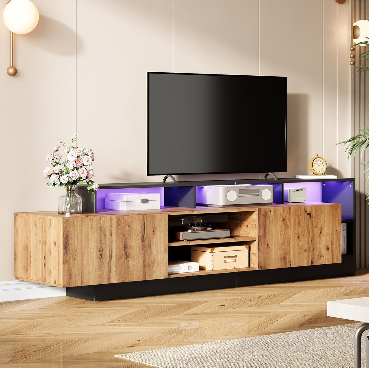 COVREO TV meubel 190 x 40 x 48,5 cm - LED verlichting, open opbergruimte, eiken kleur en zwart