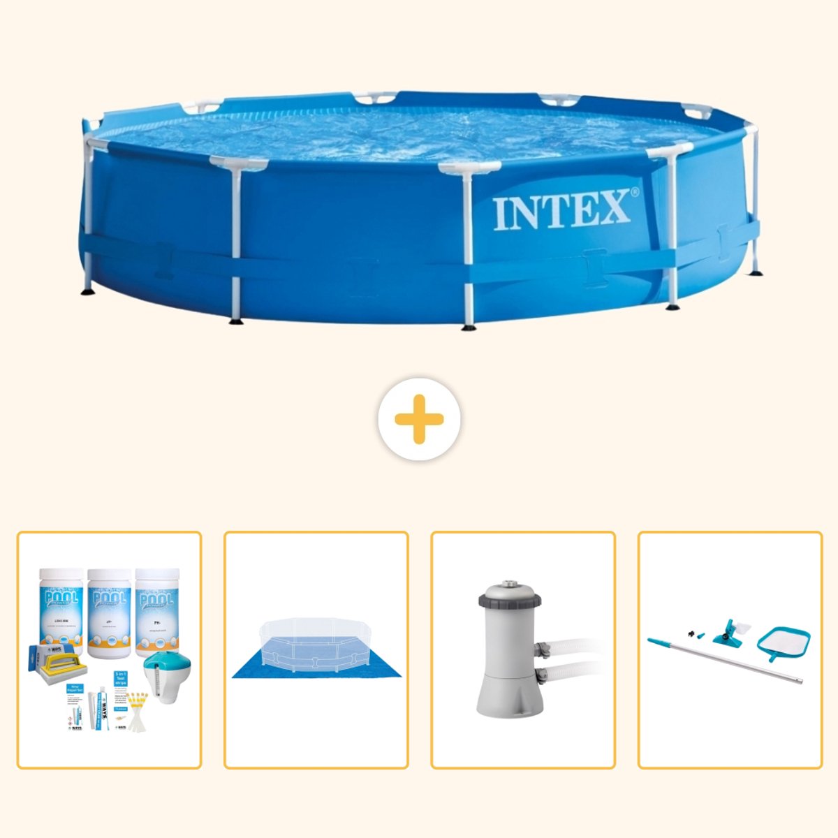 Intex Rond Frame Zwembad - 366 x 76 cm - Blauw - Inclusief Onderhoudspakket - Grondzeil - Zwembadfilterpomp - Schoonmaakset - 5-delig