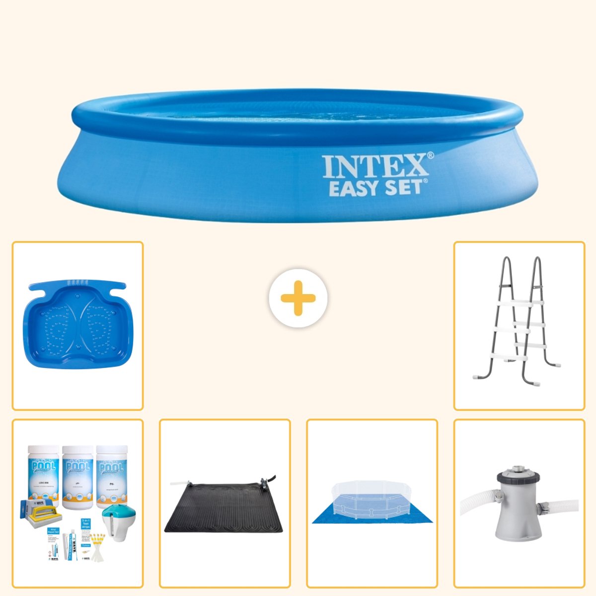 Intex Rond Opblaasbaar Easy Set Zwembad - 305 x 61 cm - Blauw - Inclusief Onderhoudspakket - Solar Mat - Grondzeil - Zwembadfilterpomp - Voetenbad - Ladder - 7-delig