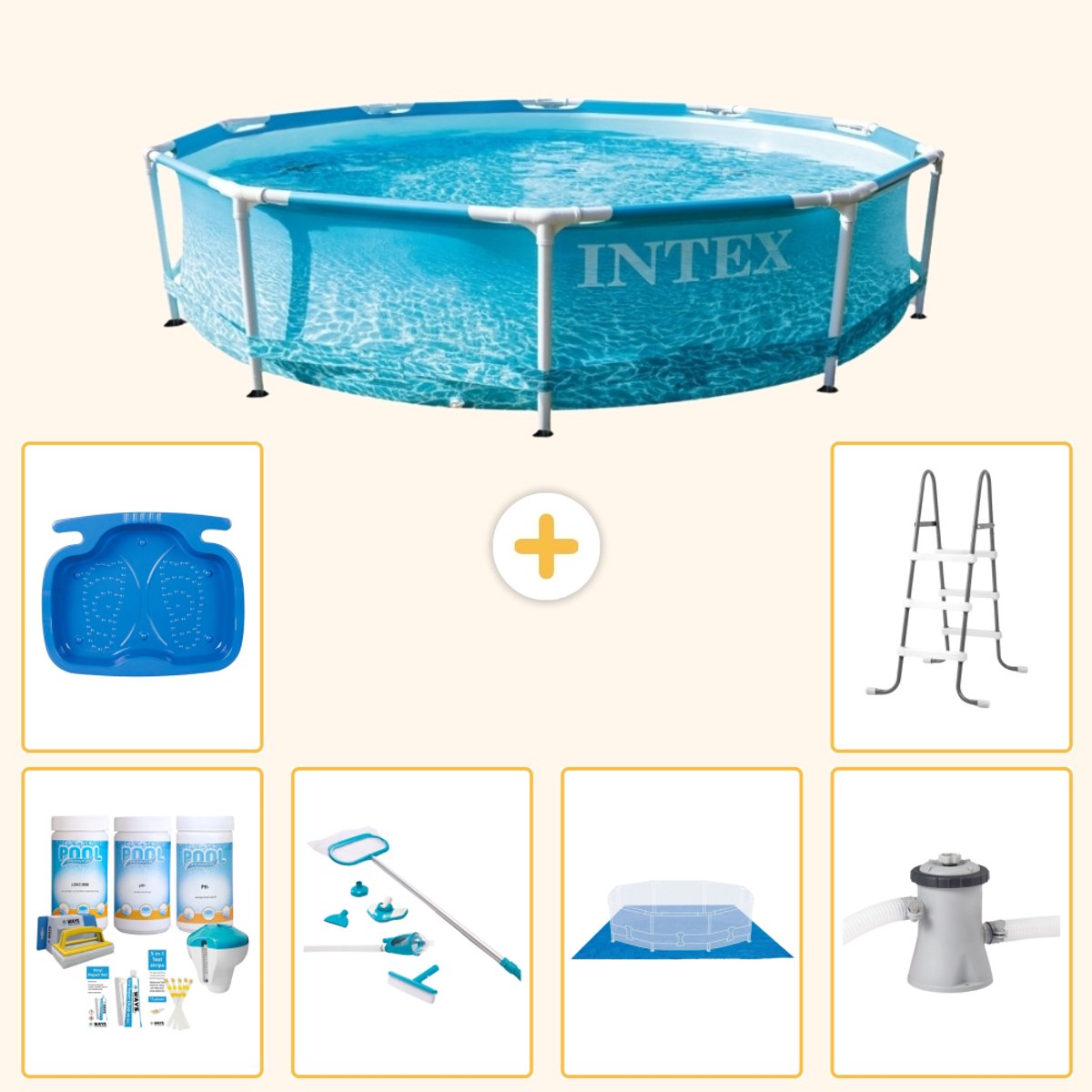 Intex Rond Frame Zwembad - 305 x 76 cm - Waterprint - Inclusief Onderhoudspakket - Schoonmaakset - Grondzeil - Zwembadfilterpomp - Voetenbad - Ladder - 7-delig
