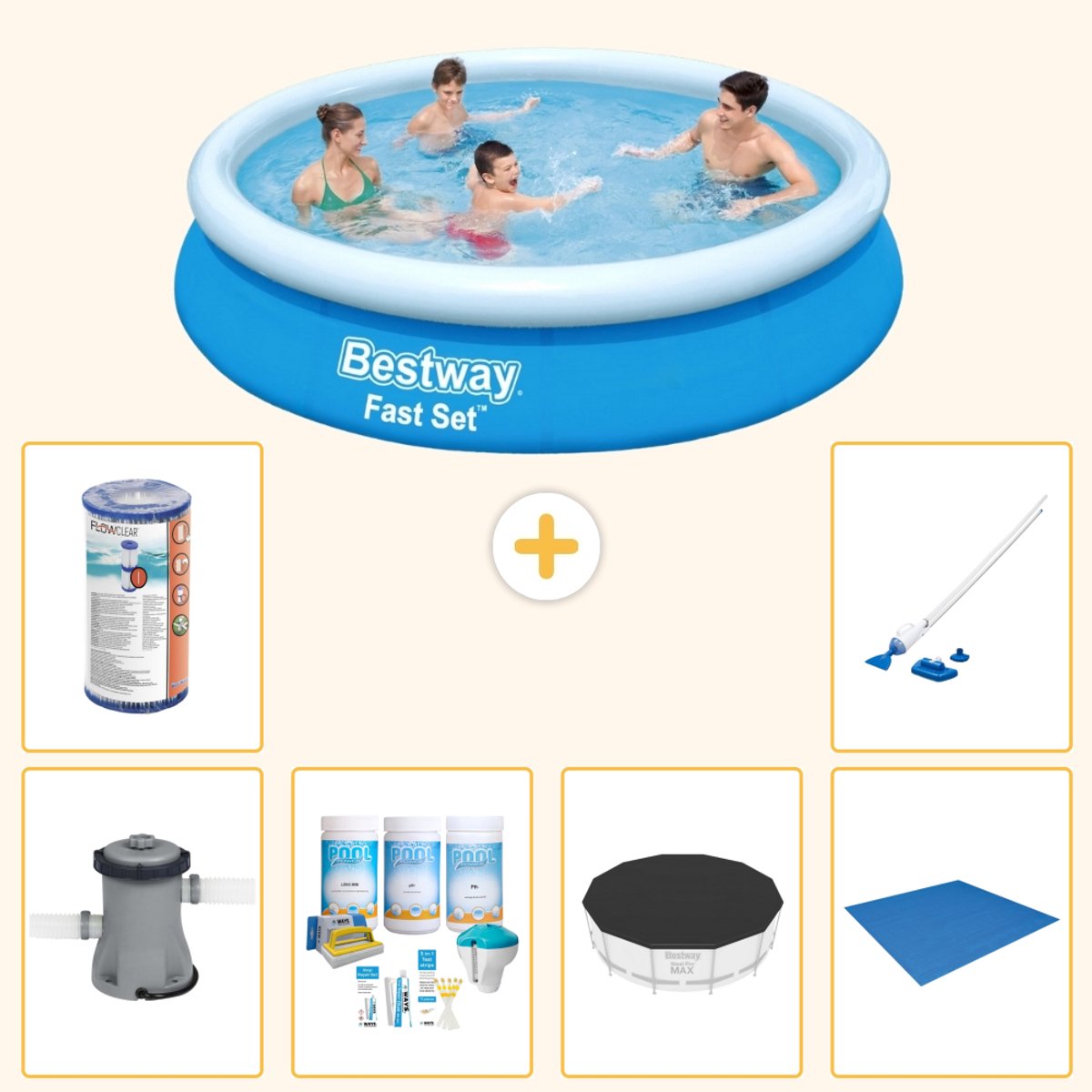 Bestway Rond Opblaasbaar Fast Set Zwembad - 366 x 76 cm - Blauw - Inclusief Pomp - Onderhoudspakket - Afdekzeil - Grondzeil - Filter - Stofzuiger - 7-delig