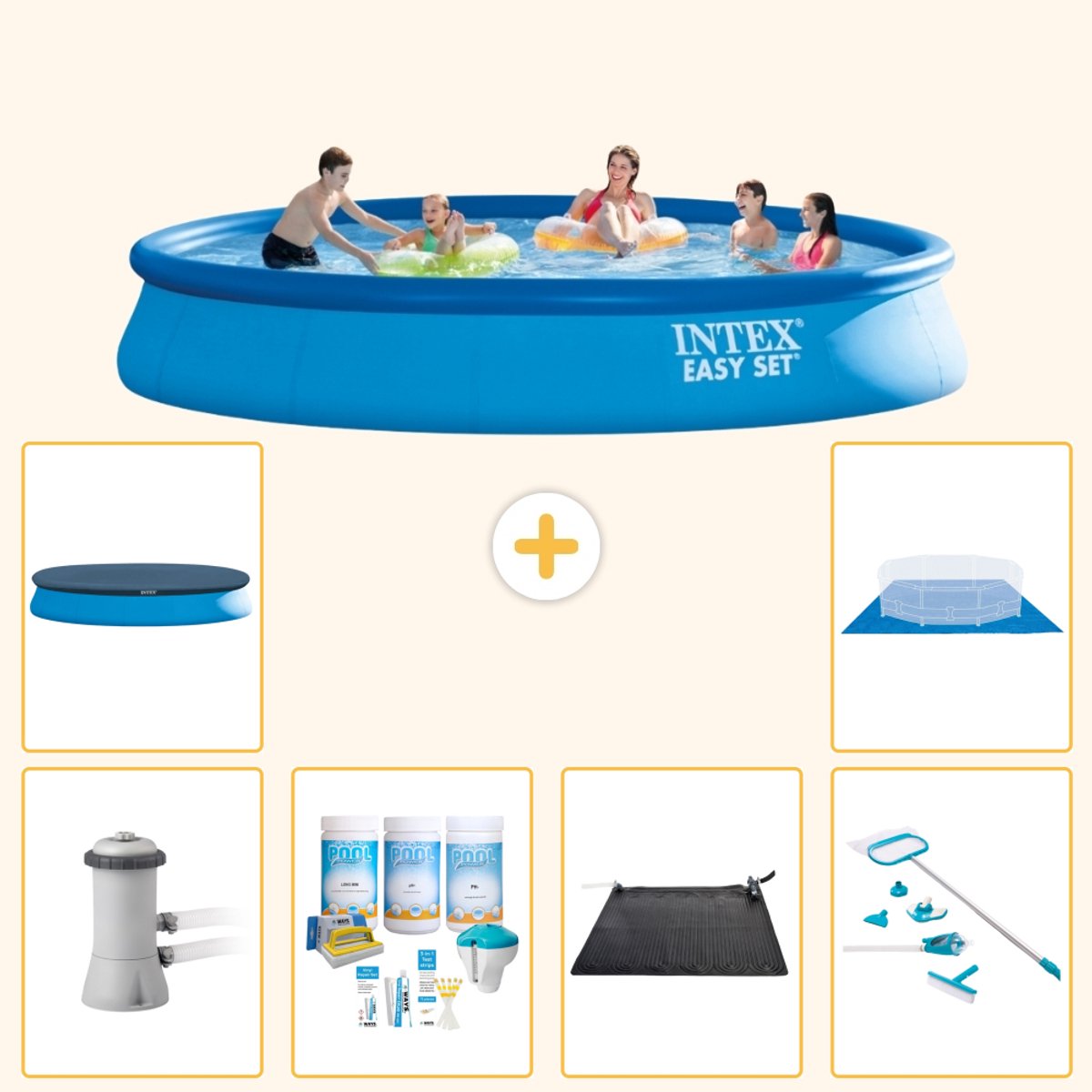 Intex Rond Opblaasbaar Easy Set Zwembad - 457 x 84 cm - Blauw - Inclusief Pomp - Onderhoudspakket - Solar Mat - Schoonmaakset - Afdekzeil - Grondzeil - 7-delig