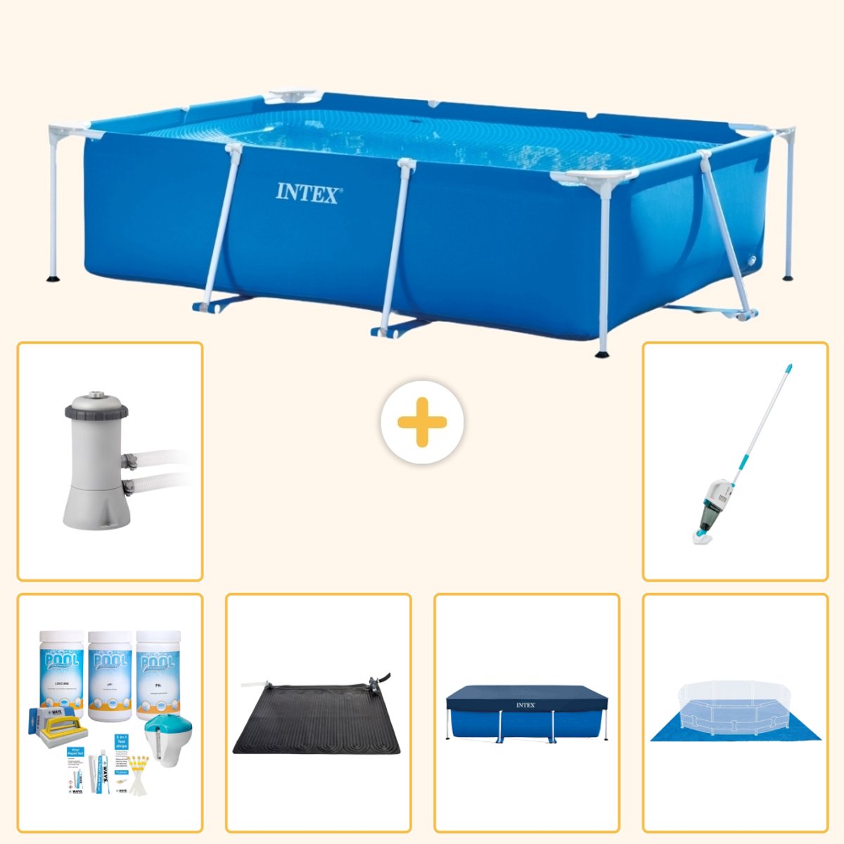 Intex Rechthoekig Frame Zwembad - 300 x 200 x 75 cm - Blauw - Inclusief Onderhoudspakket - Solar Mat - Afdekzeil - Grondzeil - Zwembadfilterpomp - Stofzuiger - 7-delig