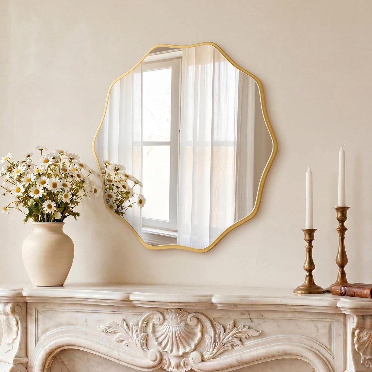 Ronde Wandspiegel van 60 cm met Golfvormige Houten Rand voor Badkamer, Kinderkamer en Woonkamer - Moderne Decoratie voor Elk Interieur