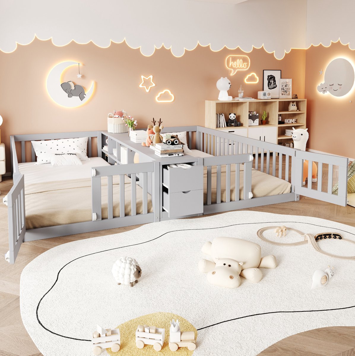 OKWISH Kinderbed 90x200 cm - Tweebeds Ontwerp Met Opbergruimte En Laden - Met Veiligheidshekken - Houten Bedframe - Grijs - Zonder Matras