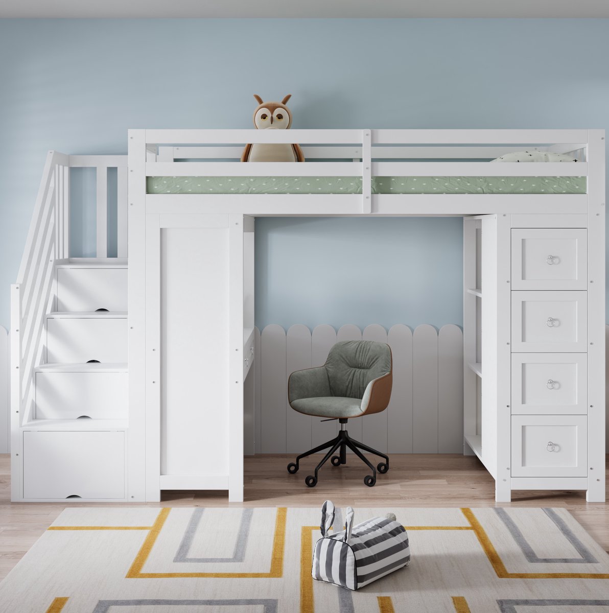 OKWISH Hoogslaper 90x200 cm - Met Bureau En Opbergruimte - Met Trapkast En Lades - Zonder Matras - Kinderkamer - Hout MDF - Wit