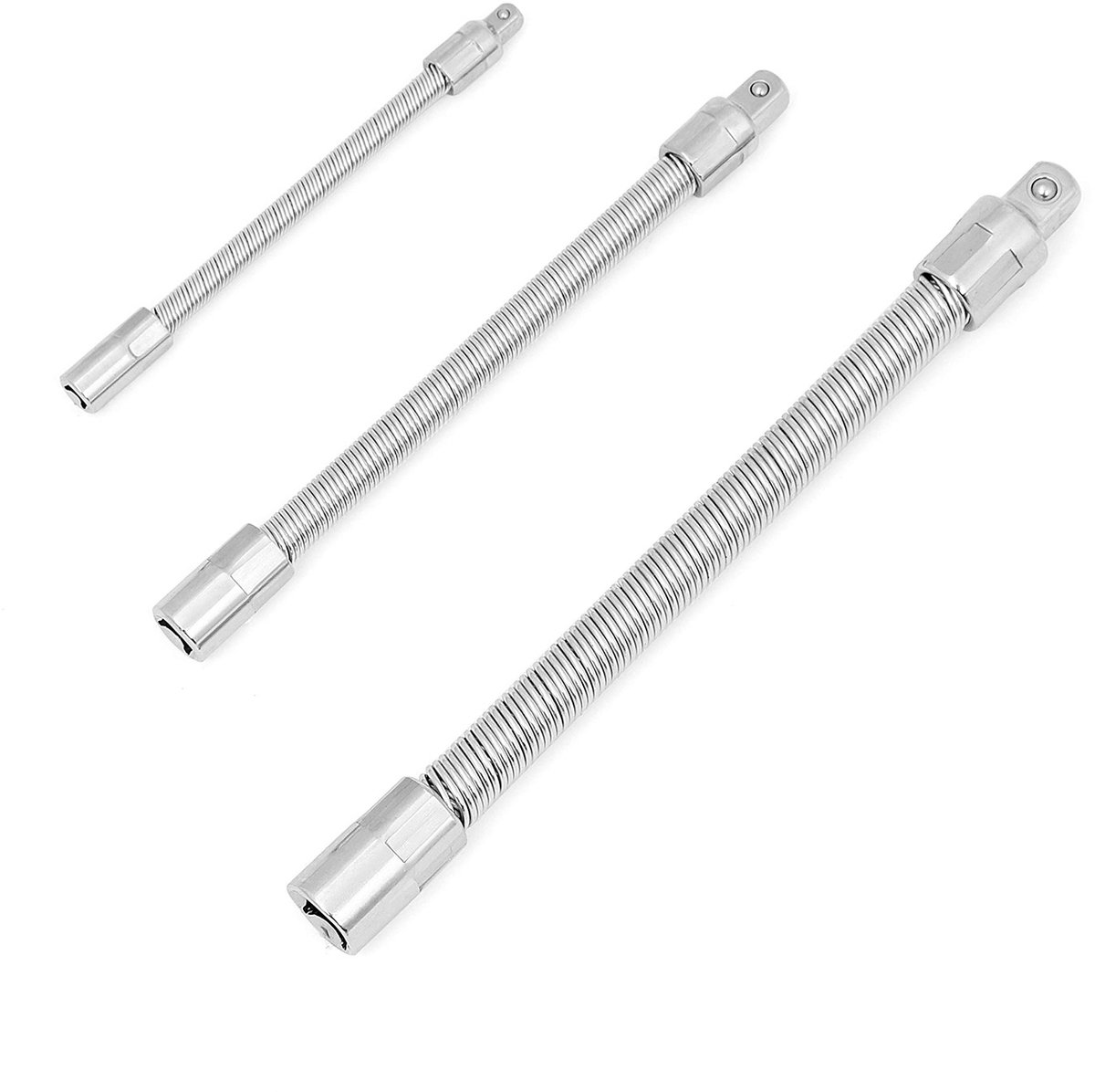 Driedelige set flexibele verlengstukken voor dopsleutels - Flexibele verbindingsstangen - Verlengstukken in de maten: 1/4 inch, 3/8 inch, 1/2 inch - 3-delige set