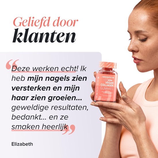 Vrouw die een fles Novomins veganistische collageen gummies vasthoudt. "Geliefd door klanten" met een klantbeoordeling.