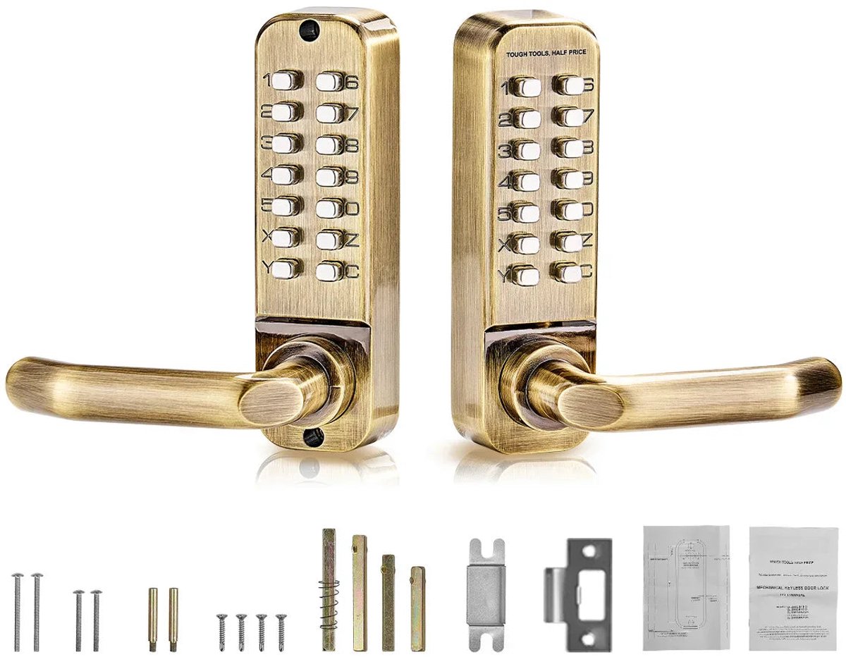 Home & Beyond® Mechanisch Codeslot met Deurkruk en Pincode - Sleutelloos met Dubbelzijdige Codebediening - Antiek Messing - 21,1 x 14,3 x 15 cm