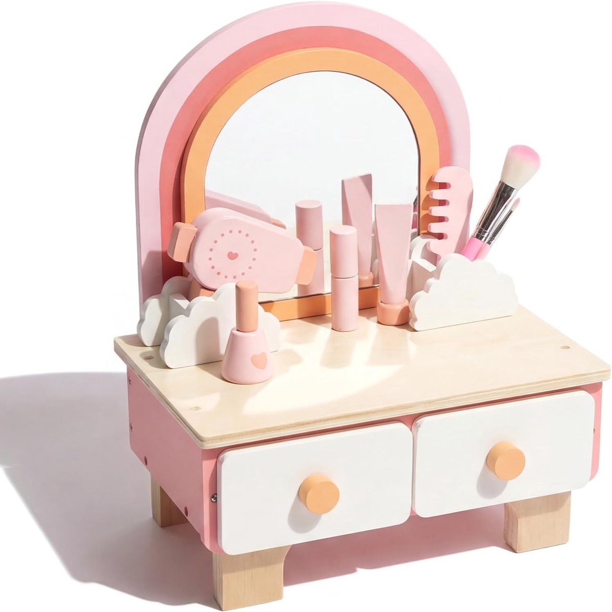 SnelShoppen - Houten Make-up Tafel voor Meisjes met 360° Spiegel, 11 Stuks Schoonheid en Make-up Accessoires, Speelgoed vanaf 3 Jaar (30 x 41 cm, Roze