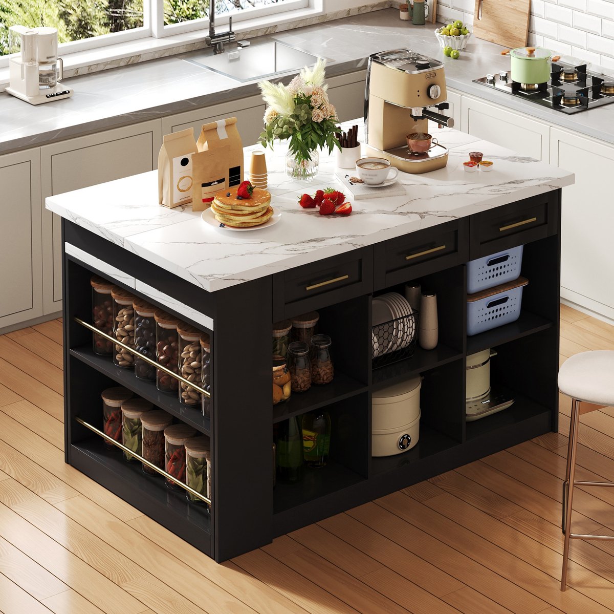 OKWISH Keukeneiland - Uitschuifbare Eettafel - 150 x 90 x 90 cm - 6 Laden en Opbergruimte - MDF Zwart Wit Marmerlook