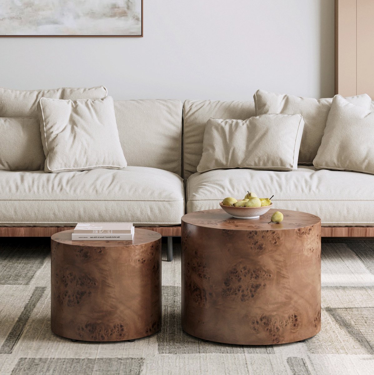 OKWISH Salontafel Set Van 2 - Ronde Tafels Met Inschuifbaar Ontwerp - Voor Woonkamer Slaapkamer Of Kantoor - Houtlook Donkerbruin - 48 cm