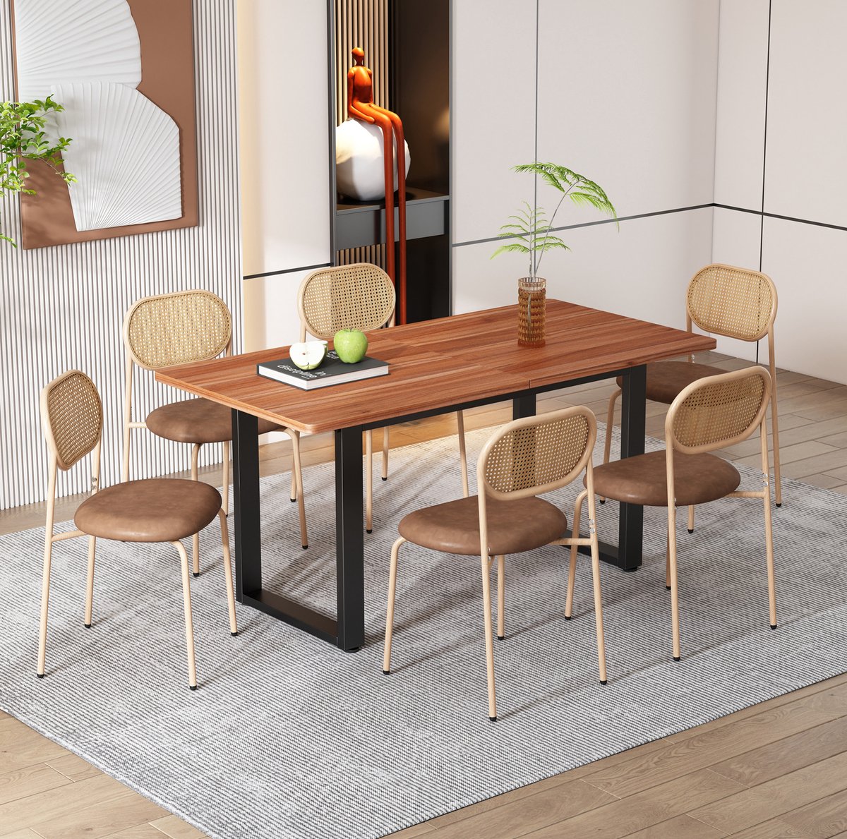 STILVORA Eetkamerstoel – Normale Eetkamerstoel – Set Van 6 – Met Rotan Rugleuning En Kunstleren Zitting – Voor Eetkamer En Horeca – Bruin