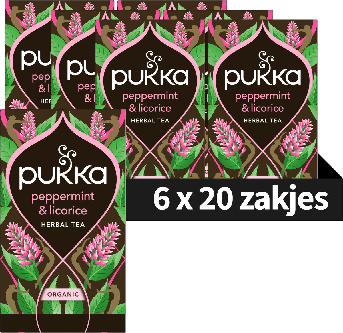 Pukka Tea Peppermint & Licorice - 120 Theezakjes - Biologische Kruidenthee - Pepermunt & Zoethout - 6 x 20 zakjes - Thee Voordeelverpakking