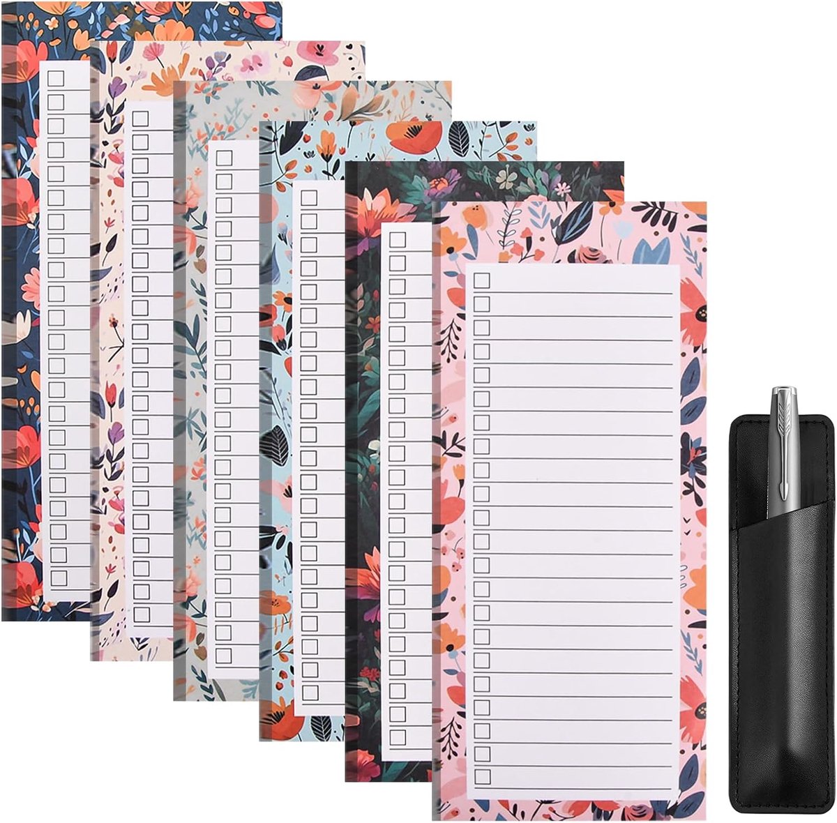 SnelShoppen - 4 Stuks Magnetische Notitieblokken met Pennenhouder en Vinklijst, Verwijderbare Bladen, 50 Vel per Notitieblok, Kleurrijke Bloemenprint
