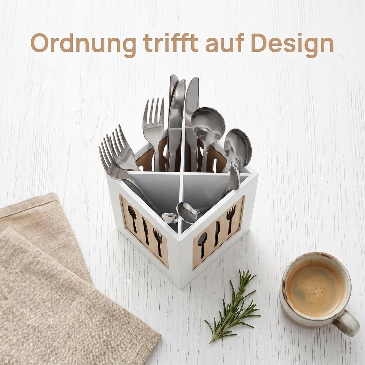 Houten bestekbak voor de keuken met eenvoudig te reinigen design en praktische vork-organizer voor tafel en werkblad, ideaal voor opberging en organisatie