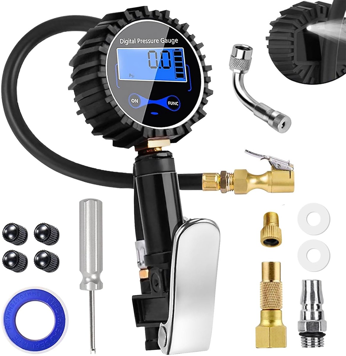 Thijox - Digitale Luchtdrukmeter Bandenpomp 3-200 PSI, Geijkt, Multifunctionele Bandenspanningsmeter met LCD-Scherm, Compleet met 20 Accessoires voor