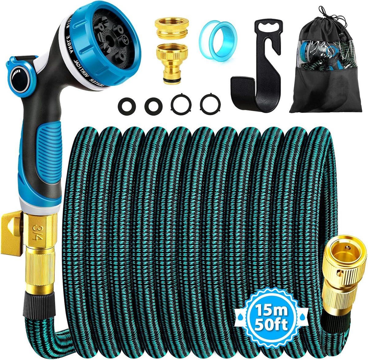 Thijox - Flexibele Tuinslang 15m Blauwzwart met Messing Connectoren 3/4 Inch & 1/2 Inch, 10 Sproeiers, Rekbare Tuinslang voor Tuin, Camping en Buitenl