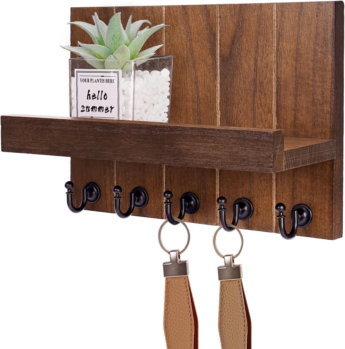 Thijox - Houten Sleutelrek met Plank, Decoratieve Sleutelhouder met 5 Haken, Bruin Wandrek voor Entree, Hal, Slaapkamer, Multifunctioneel Gebruik