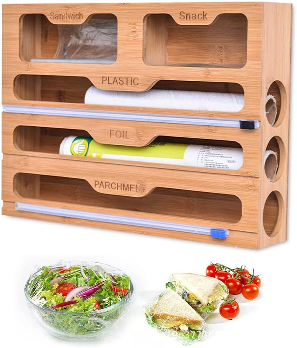 Foil dispenser met snijfunctie - 5-in-1 bamboo dispenser - aluminium folie en vershoudfolie - houdt je keuken netjes - ShopVlot