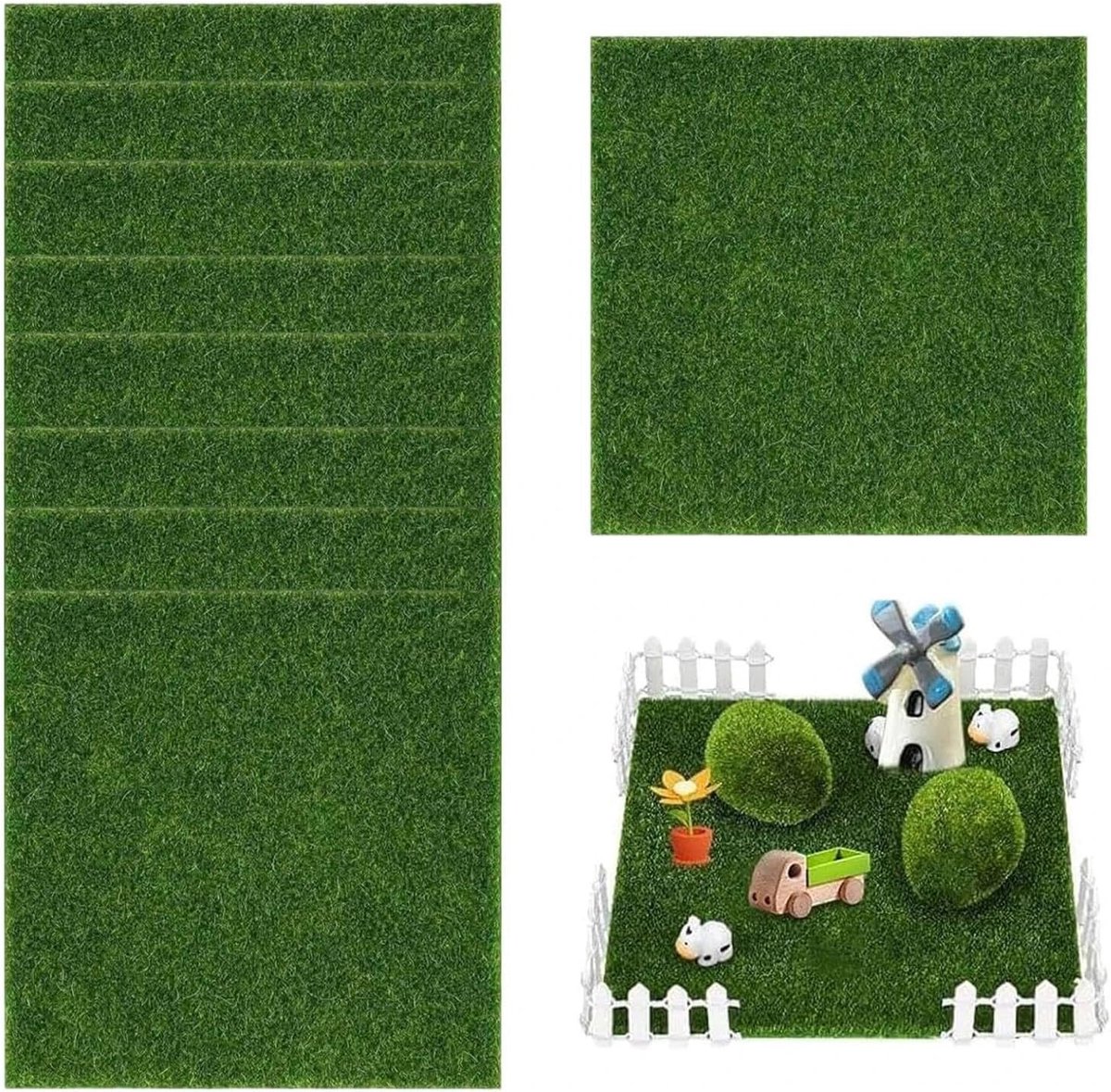 9 stuks nepgrasmat 15 × 15 cm voor miniatuurtuin en ambachten, groen statisch gras voor poppenhuizen, speelgoedboerderijen en landschapsmodellen, ideaal voor doe-het-zelf projecten